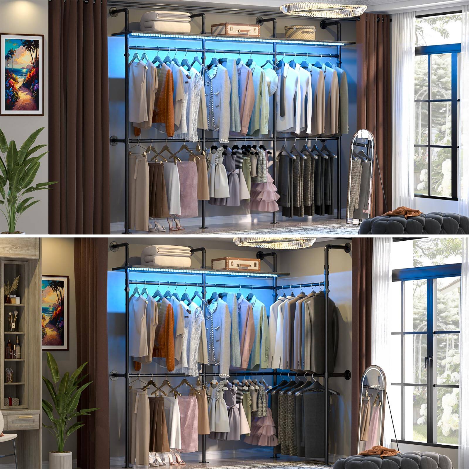 Back. Aheaplus - 118.3" Reversible Industrial Pipe Clothing Rack - Heavy Duty Garment Rack with LED Lights & Shelves for Walk-in Closet - Gray Oak.