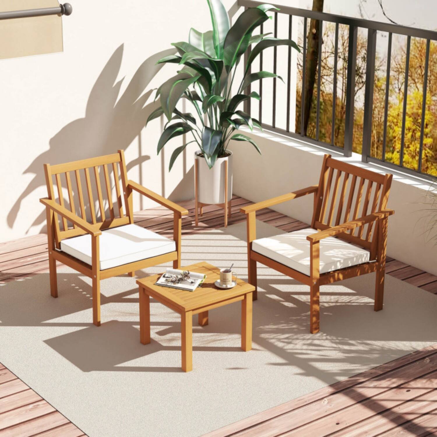 Angle. Mondawe - 24 x 24 x 31 IN Freestanding Acacia Wood Patio Bistro Set with 2 Chairs and Table 3-Piece - Natural+Off White.