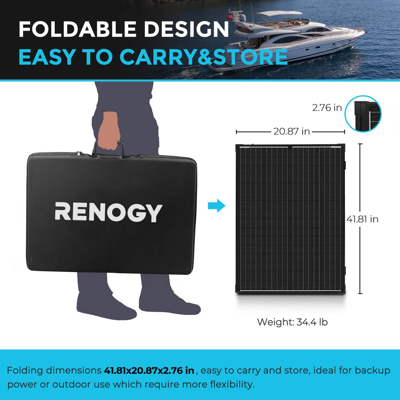 Foldable Design Easy to Carry & Store 2.76 in 20.87 in Renogy 41.81 in Weight: 34.4 lb Folding dimensions 41.81 x 20.87 x 2.76 in, easy to carry and store, ideal for backup power or outdoor use which require more flexibility.