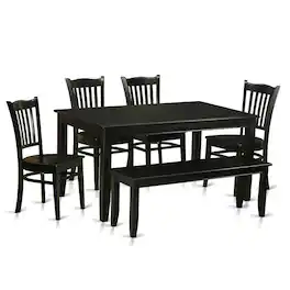 East West Furniture - 6-Pc Dining room set- Kitchen Table and 4 Kitchen Dining Chairs and Bench - Black