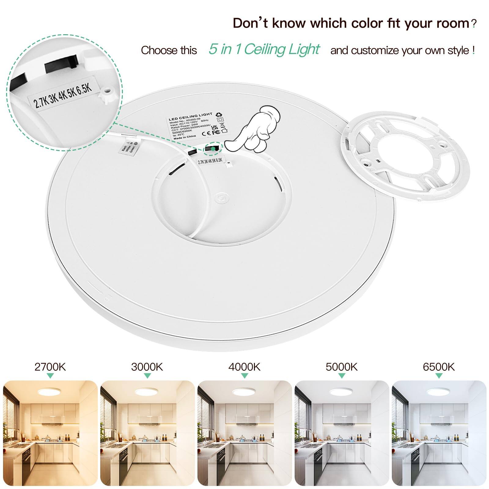 Don't know which color fits your room? Choose this 5 in 1 Ceiling Light and customize your own style! 2.7K 3K 4K 5K 6.5K 2700K 3000K 4000K 5000K 6500K