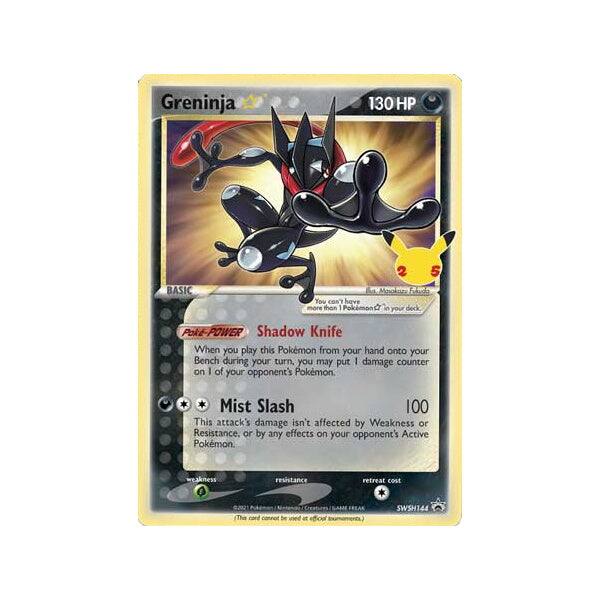 Greninja  
130 HP  

BASIC  

Pokémon Power  
Shadow Knife  
When you play this Pokémon from your hand onto your Bench during your turn, you may put 1 damage counter on 1 of your opponent's Pokémon.  

Mist Slash  
100  
This attack's damage isn't affected by Weakness or Resistance, or by any effects on your opponent's Active Pokémon.  

Retreat Cost: 1  

The card cannot be used at FREAK Inmament.  
SWSH144