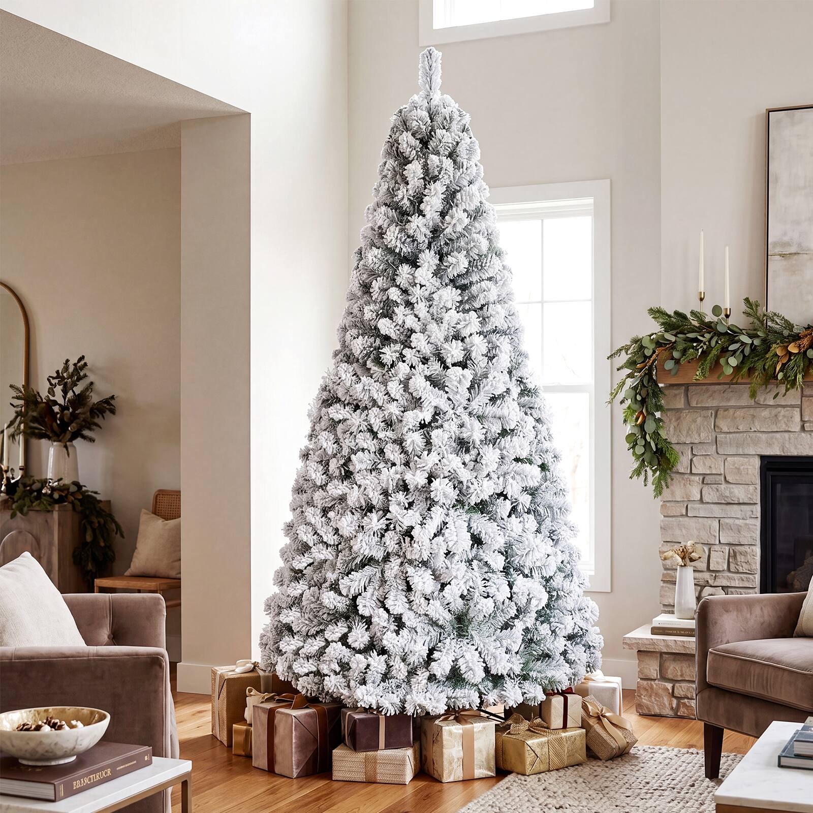 Alt View 4. Gymax - Gymax 9 FT Snow Flocked Artificial Christmas Tree w/ 1498 Realistic Branch Tips White & Green - Green.