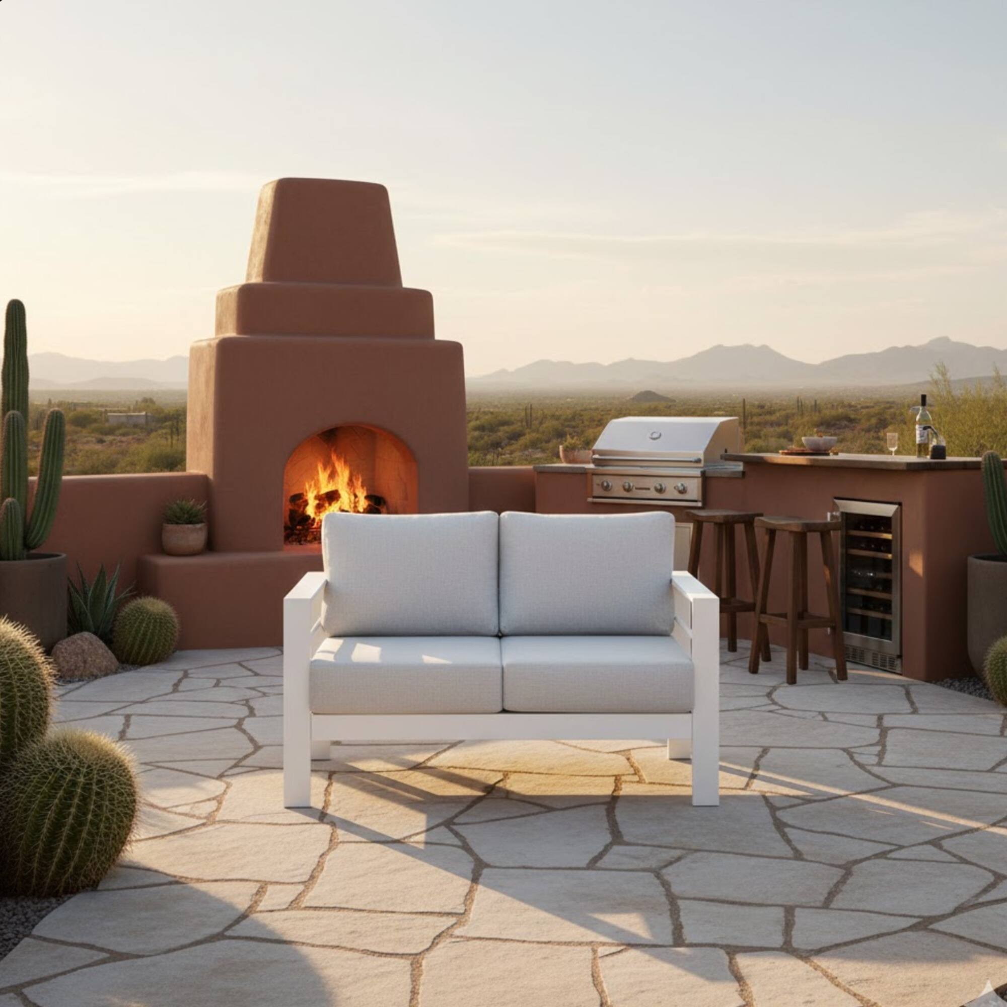 Left. Mondawe - 50" All-Weather Aluminum Patio Loveseat with Cushions - White+Gray.