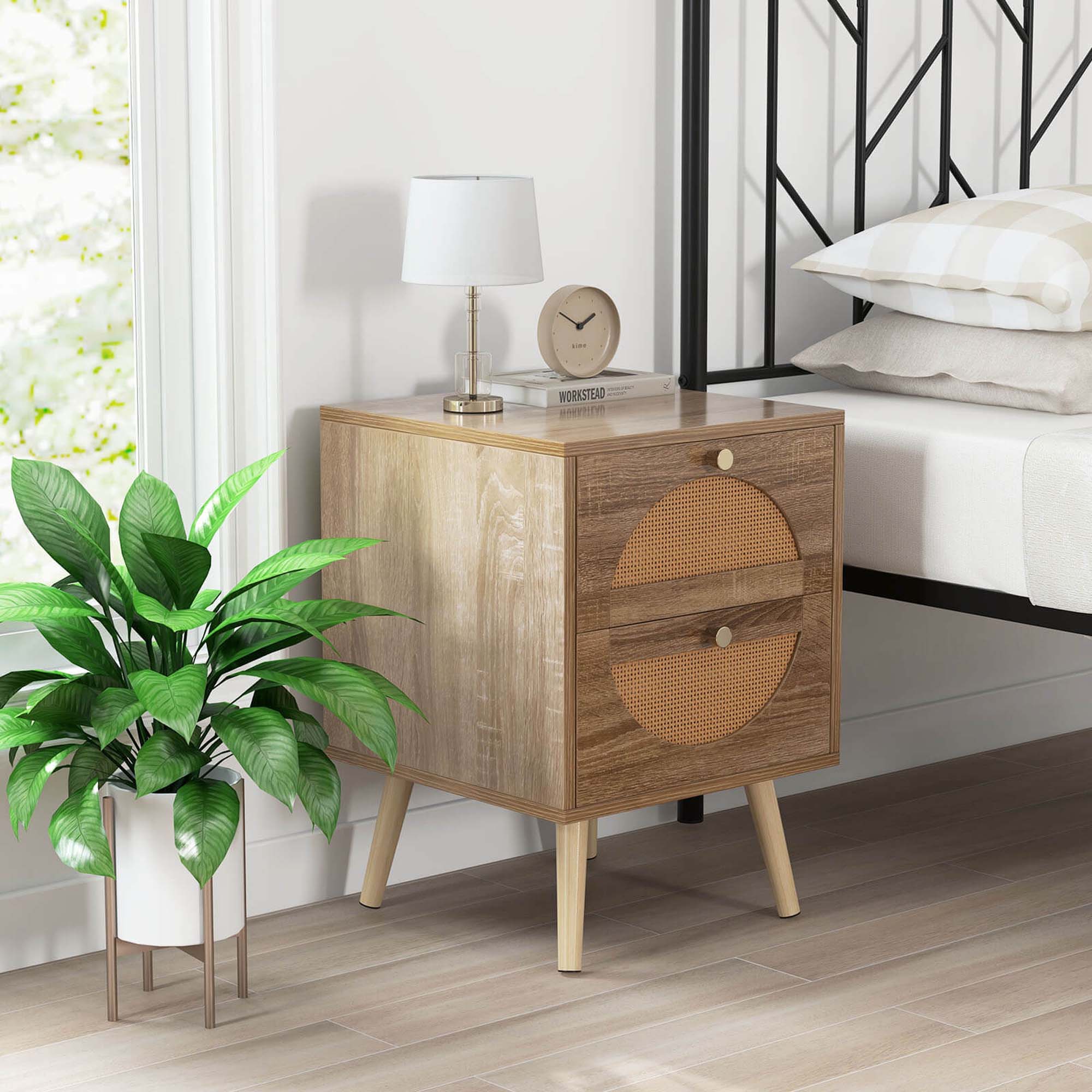 Alt View 3. Costway - Costway 2Pcs Rattan Nightstand with 2 Drawers Solid Wood Legs Compact Wood Coffee Table - Brown.