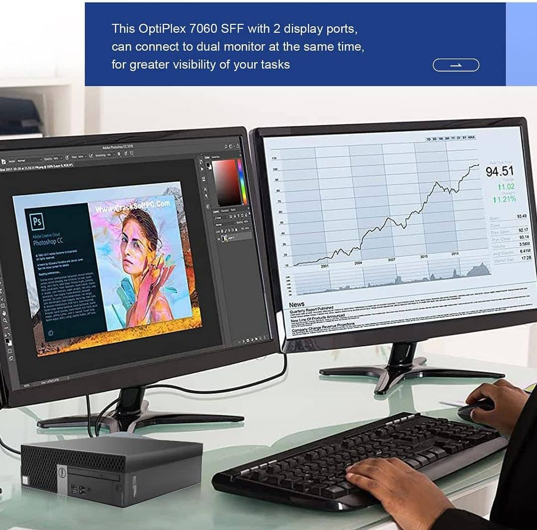 This OptiPlex 7060 SFF with 2 display ports can connect to dual monitors at the same time for greater visibility of your tasks.