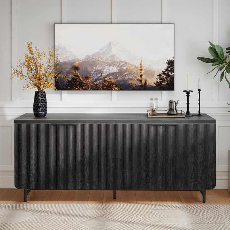 Bestier - 70" Textured TV Stand with 4 Doors & Metal Legs, Storage Console for 75" TVs, Living Room Entertainment Center - Brown