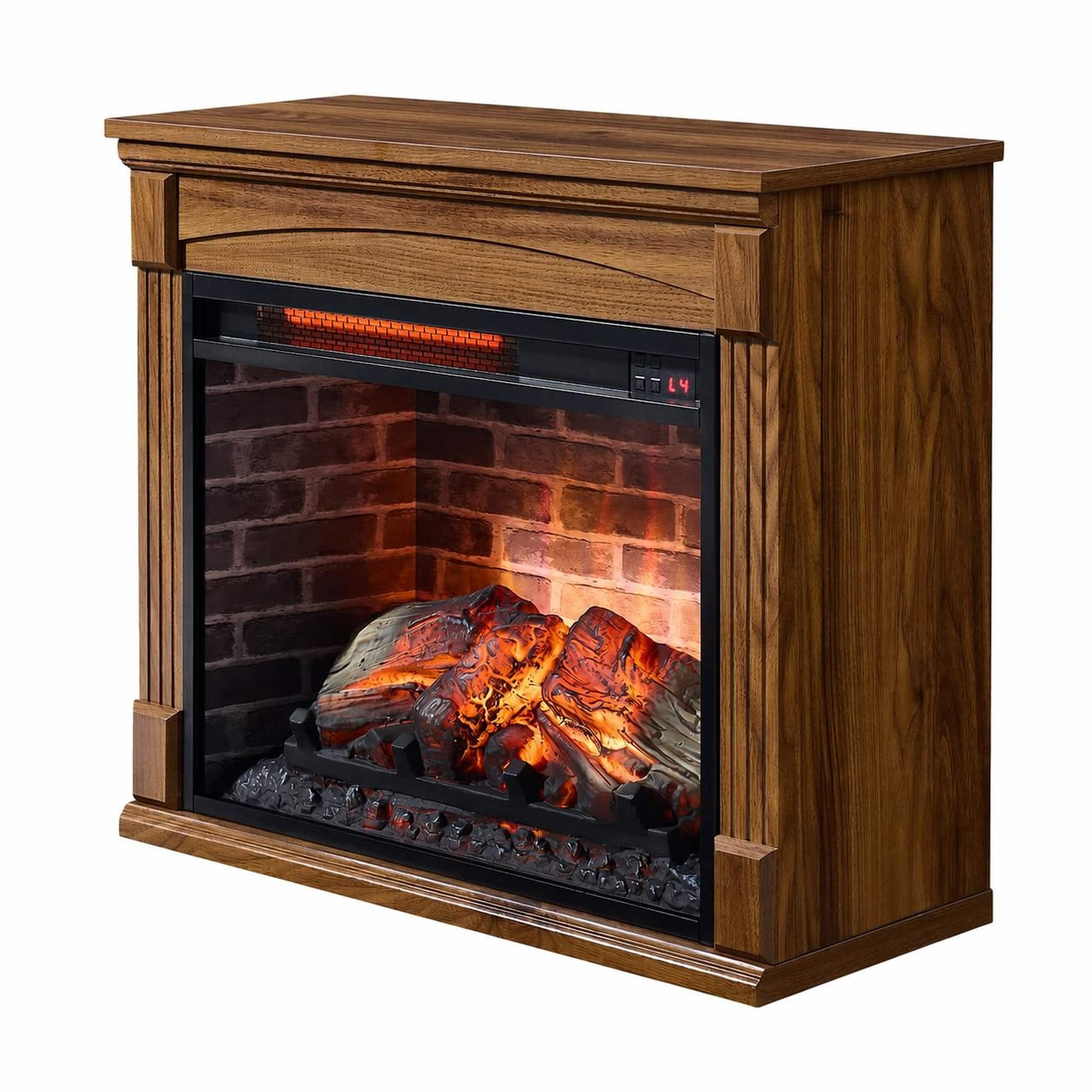 RYHNUYNE - 28 Inch TV Media Entertainment Center with Electric Fireplace – Mobile Stand with Caster Wheels - Dark Oak