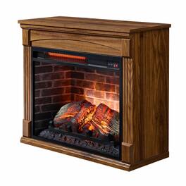 RYHNUYNE - 28 Inch TV Media Entertainment Center with Electric Fireplace – Mobile Stand with Caster Wheels - Dark Oak