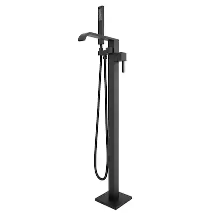 Front. Akicon - Akicon Free Standing Bathtub Faucet 360° Swivel Tub Filler with Handheld Shower and Waterfall Spout in Black - Black.