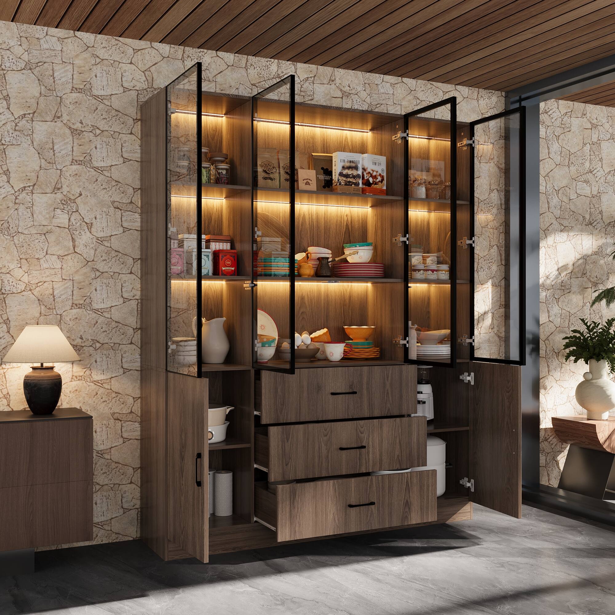 Alt View 1. FUFU & GAGA - FUFU&GAGA Glass - Door Display Cabinet Press - Open Silent Slides & Ambient Lighting for Sophisticated Showcasing - Brown.