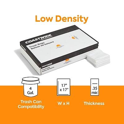 Low Density  
COASTWIDE Bags  
Trash Bags  
Bolsas de basura  

Trash Can Compatibility: 4 Gal.  
W x H: 17" x 17"  
Thickness: .35 mic