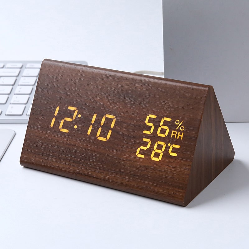 Auledio - Electronic desktop clock with dimming function, snooze function, 12/24-hour clock, wooden alarm clock - Brown
