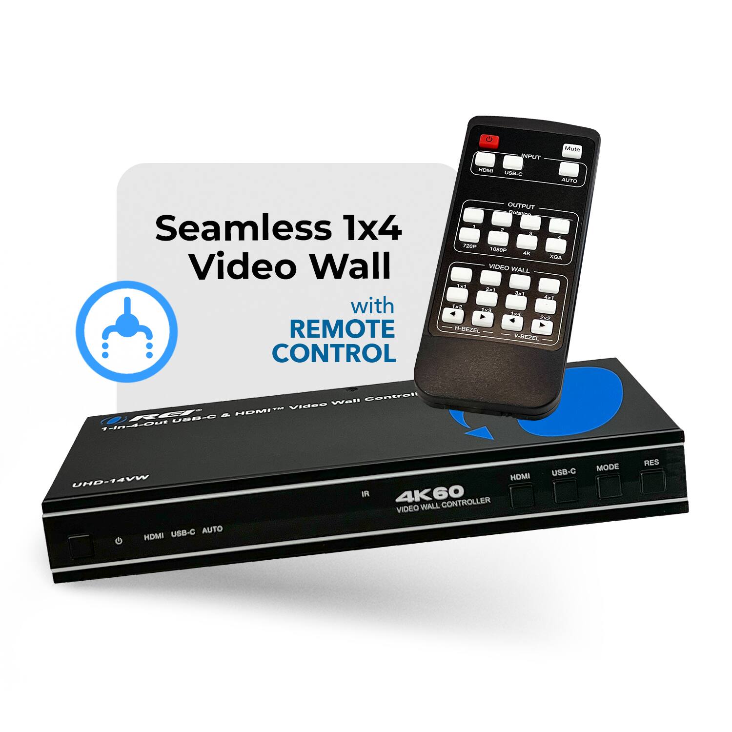INPUT HDMI - USB-C - AUTO Seamless 1x4 Video Wall with REMOTE CONTROL OUTPUT 720P 1080P 4K60 HDMI USB-C MODE RES HDMI USB-C AUTO