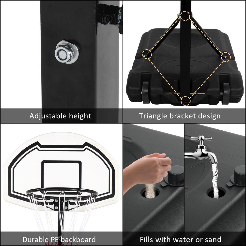 Adjustable height  
Triangle bracket design  
Durable PE backboard  
Fills with water or sand