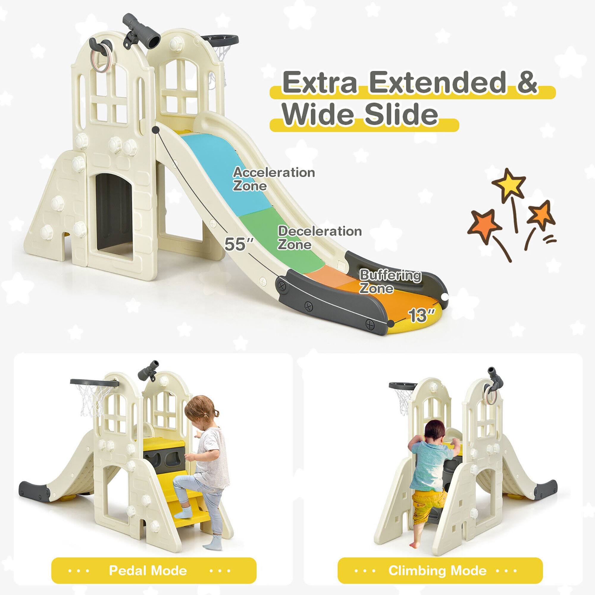 Extra Extended & Wide Slide

Acceleration Zone
55" Zone
Deceleration Zone
Buffering Zone 13"

Pedal Mode

Climbing Mode