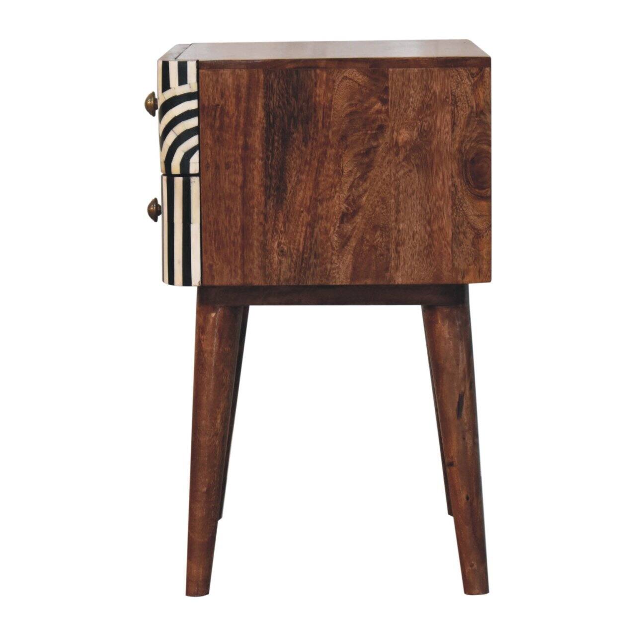 Alt View 4. Artisan Furniture - Artisan Furniture Solid Wood Honey Caramel Edessa Bone Inlay Bedside, 2 Drawers, Nordic Legs, Black and White - Caramel.