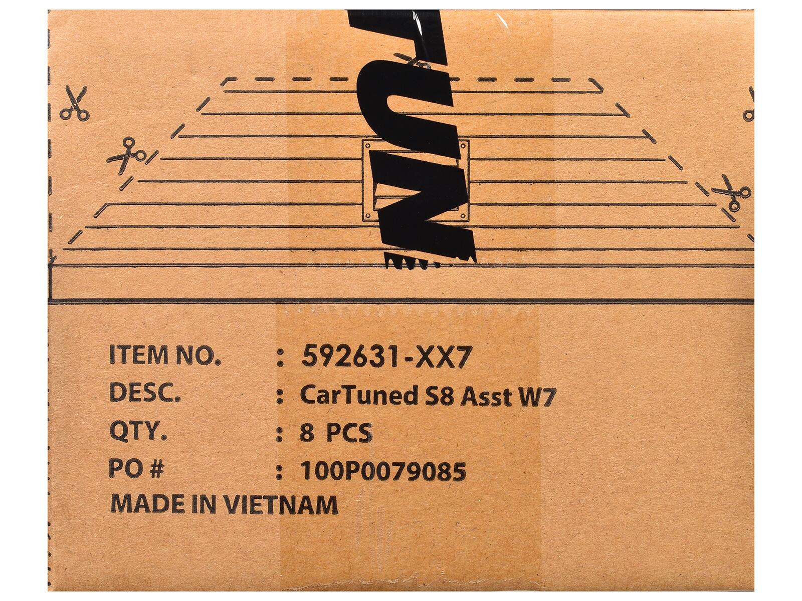 % CARO  
TUN  
ITEM NO. : 592631-XX7  
DESC. : CarTuned S8 Asst W7  
QTY. : 8 PCS  
PO # : 100P0079085  
MADE IN VIETNAM