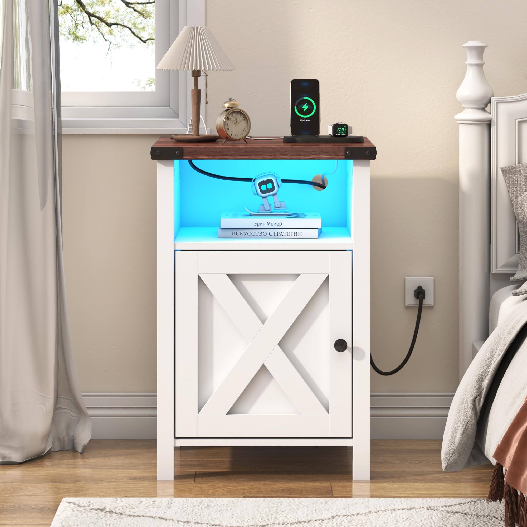 Angle. Lent Glitter Wood - Farmhouse Nightstand Set of 2 with LED Charging Station, Barn Door Design Storage Shelf, Bedside Table for Bedroom - White.