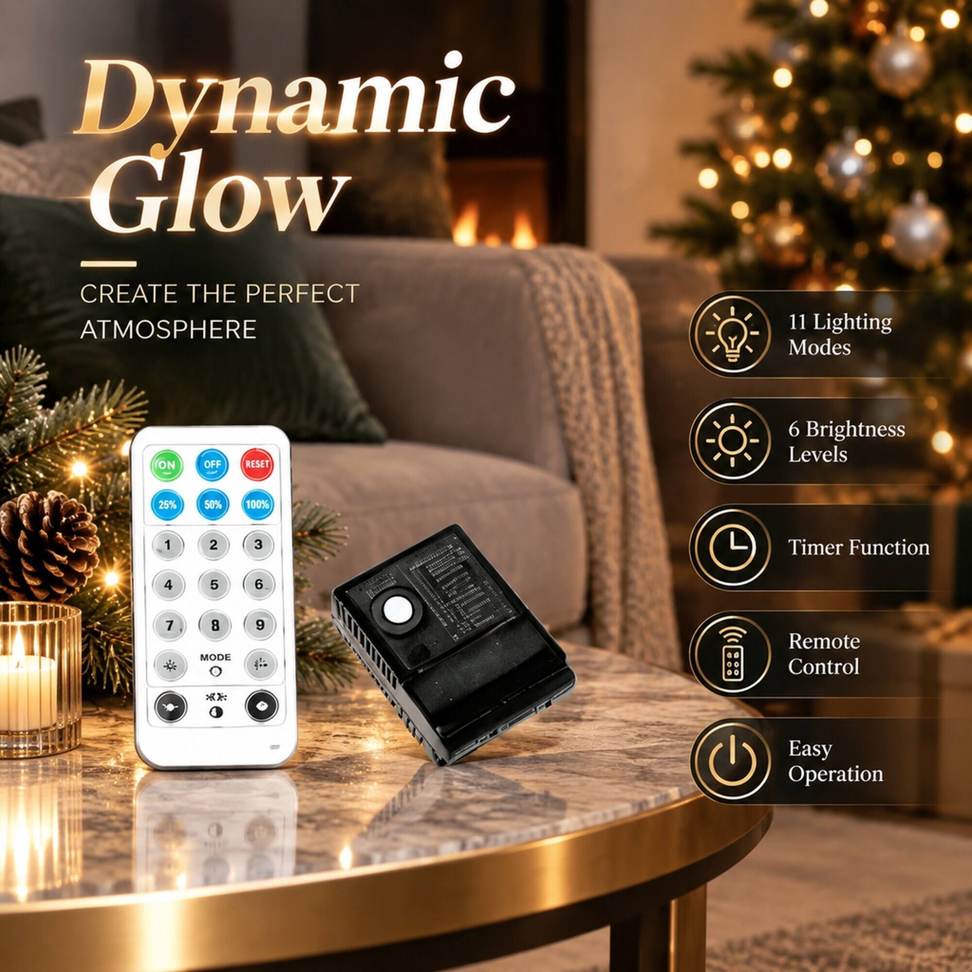 Dynamic Glow CREATE THE PERFECT ATMOSPHERE

11 Lighting Modes
ON OFF RESET
6 Brightness Levels
25% 50% 100% 1 2 3 4 5 6 7 8 9 MODE
Timer Function Remote Control Easy Operation