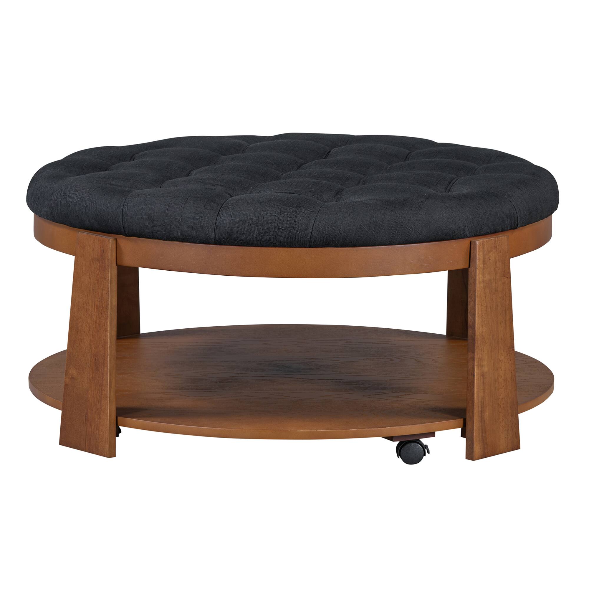 Alt View 7. GOODSILO - Large Round Ottoman Coffee Table with Storage Shelf and Wheels - Modern Tufted Upholstered Living Room Furniture - Black+Brown.