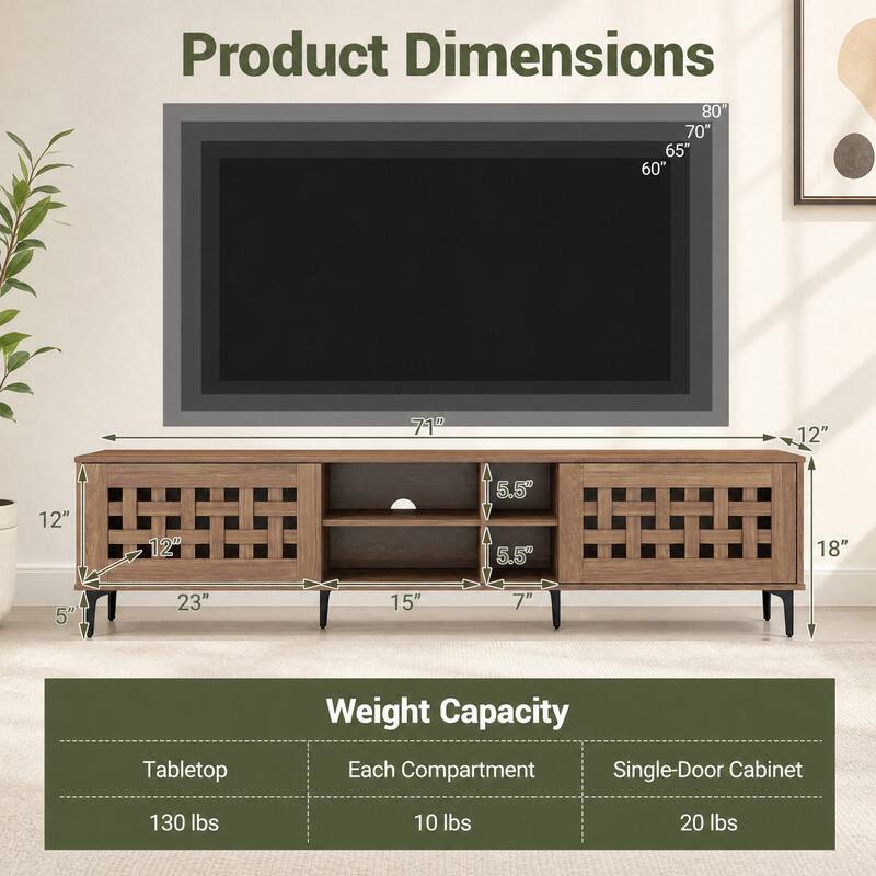 Product Dimensions  
80" 70" 65" 60"  
71D  
12"  
12"  
12"  
5.5" 5.5  
18"  
5"  
23"  
15"  
7"  

Weight Capacity  
Tabletop  
130 lbs  
Each Compartment  
10 lbs  
Single-Door Cabinet  
20 lbs