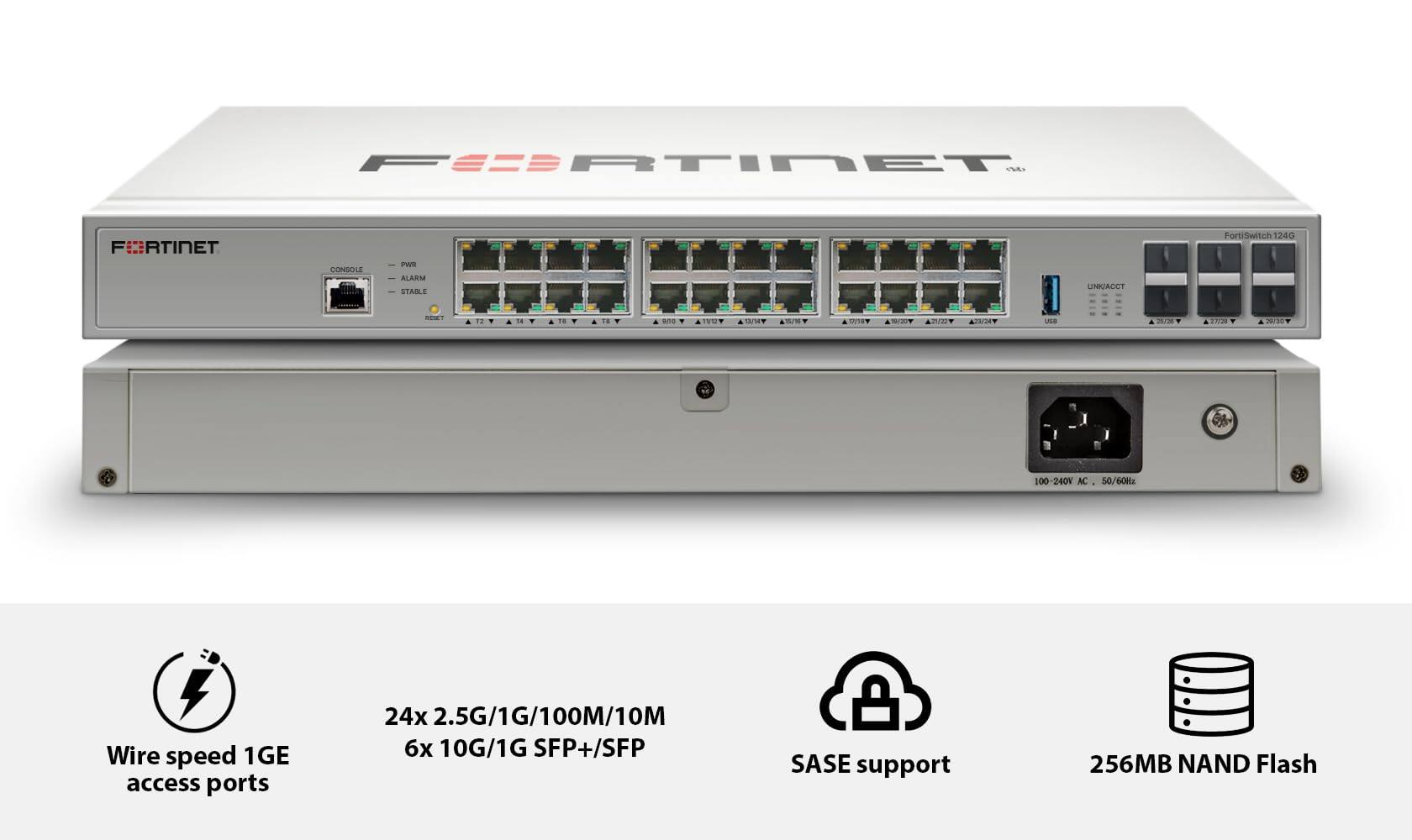 FORTINET  
CONSOLE  
PWR ALARM STARLI  
LINK/ACCT  
FortiSwitch 124G  
WTO  
1912  
12/12/12/147  
SWIDW  
19/2019  
273/24 W  

25/20  
200 2018  
26/48  
100 240V AC  
50/60Hz  
Wire speed 1GE access ports  
24x 2.5G/1G/100M/10M  
6x 10G/1G SFP+/SFP  
SASE support  
256MB NAND Flash