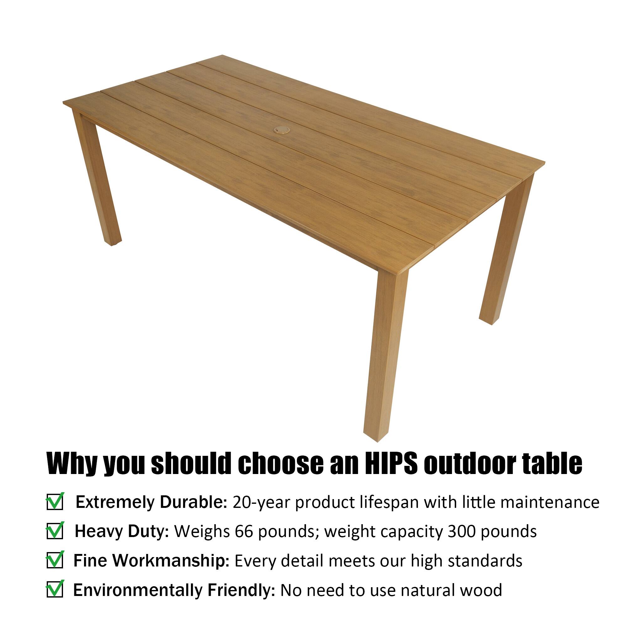 Why you should choose an HIPS outdoor table

- Extremely Durable: 20-year product lifespan with little maintenance
- Heavy Duty: Weighs 66 pounds; weight capacity 300 pounds
- Fine Workmanship: Every detail meets our high standards
- Environmentally Friendly: No need to use natural wood