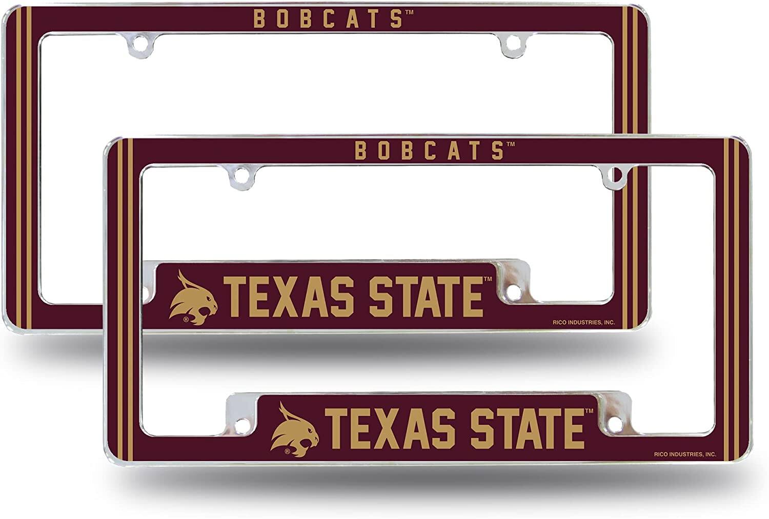 Texas State NCAA Bobcats (Set of 2) Chrome Metal License Plate Frames with Bold Full Frame Design