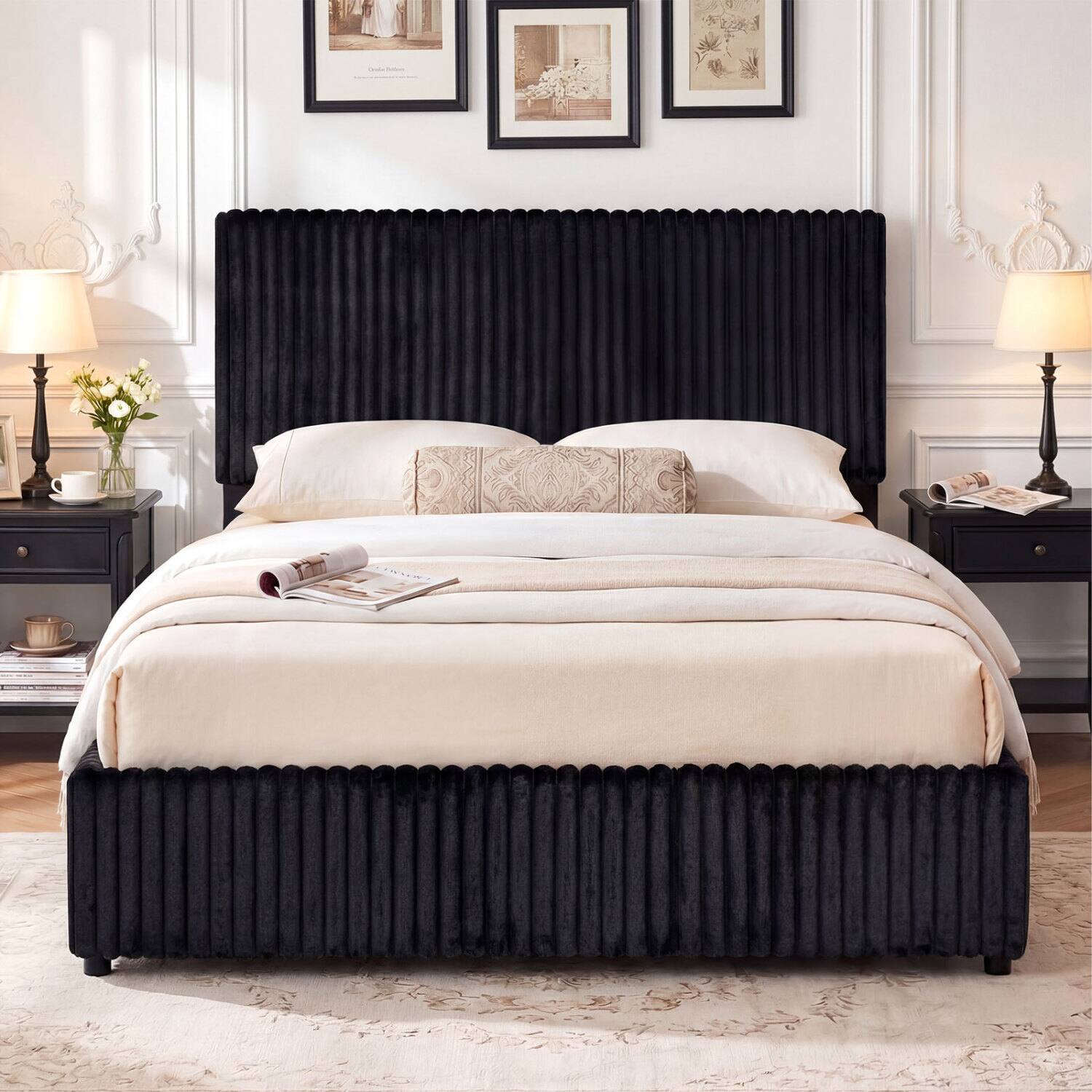 Alt View 2. LUCKY ONE - Queen Assembled Lift-up Storage Bed with Corduroy Upholstered Headboard Wooden Slats 600 lbs - Black.