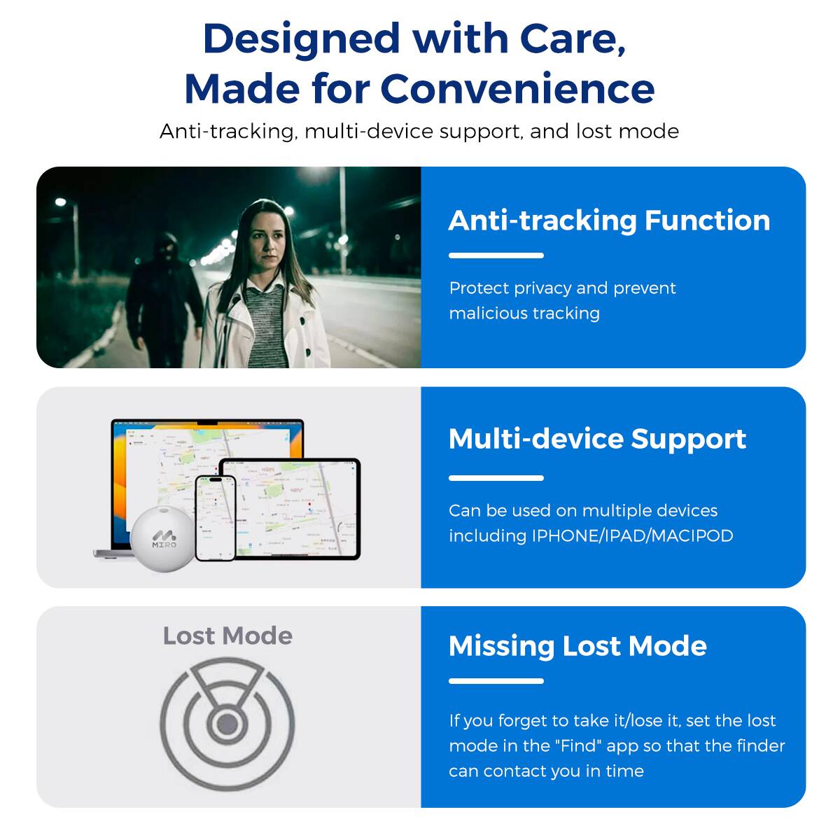 Designed with Care, Made for Convenience

Anti-tracking, multi-device support, and lost mode

Anti-tracking Function
Protect privacy and prevent malicious tracking

Multi-device Support
Can be used on multiple devices including IPHONE/IPAD/MACIPOD

Lost Mode
Missing Lost Mode
If you forget to take it/lose it, set the lost mode in the "Find" app so that the finder can contact you in time