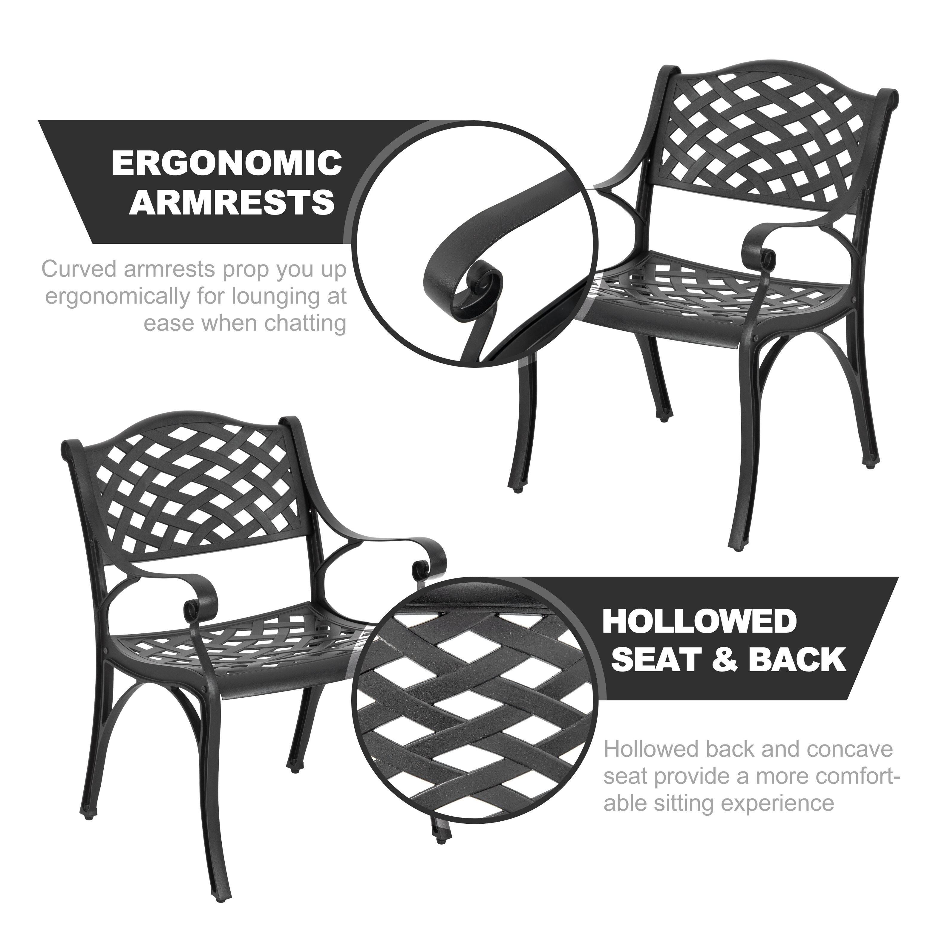 ERGONOMIC ARMRESTS  
Curved armrests prop you up ergonomically for lounging at ease when chatting  

HOLLOWED SEAT & BACK  
Hollowed back and concave seat provide a more comfortable sitting experience