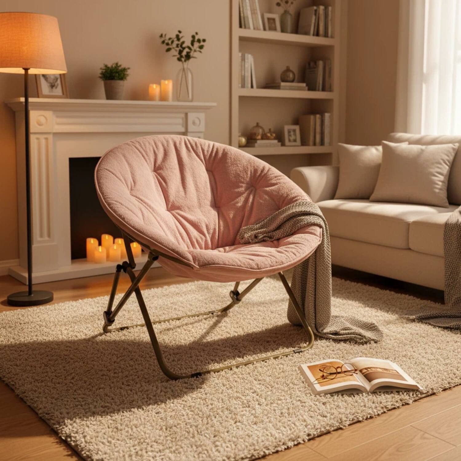 Front. AOITUN - Folding Saucer Chair, Oversized Lazy Moon Chair with Metal Frame, Comfy Bedroom Chairs for Bedroom, Living Room - Pink.