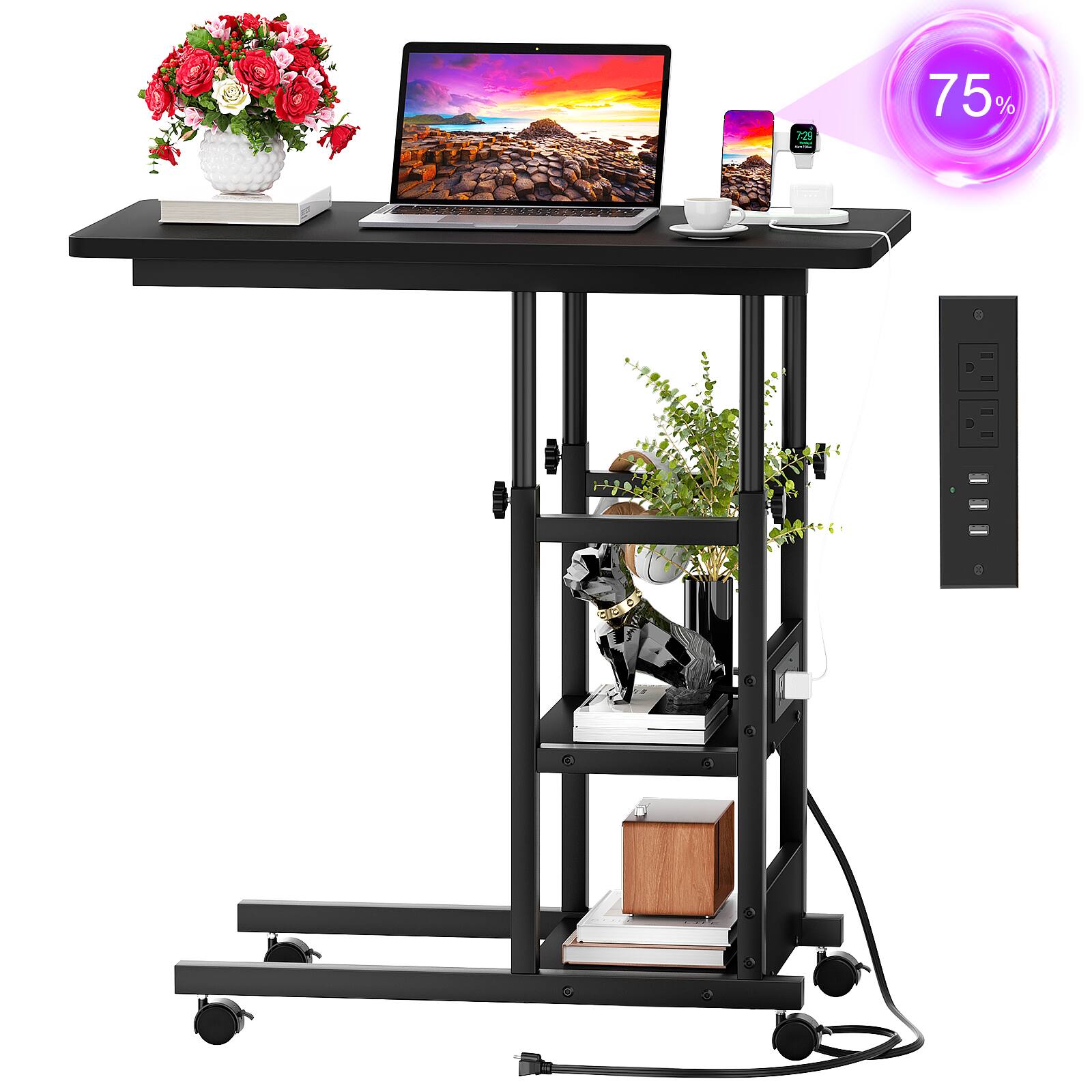 Back. Aheaplus - C-Shaped Height Adjustable End Table with Power Outlet, Side Table with Storage Shelves - Black.