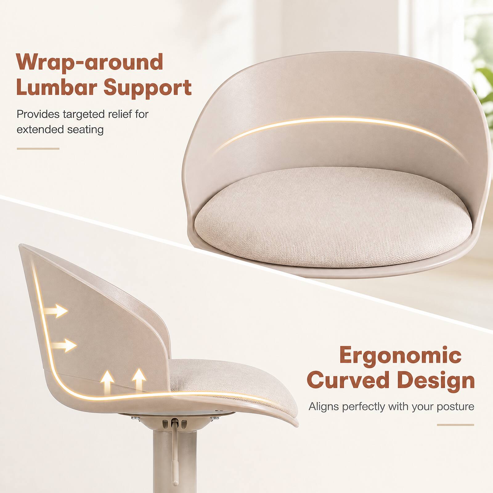 Wrap-around Lumbar Support  
Provides targeted relief for extended seating  

Ergonomic Curved Design  
Aligns perfectly with your posture