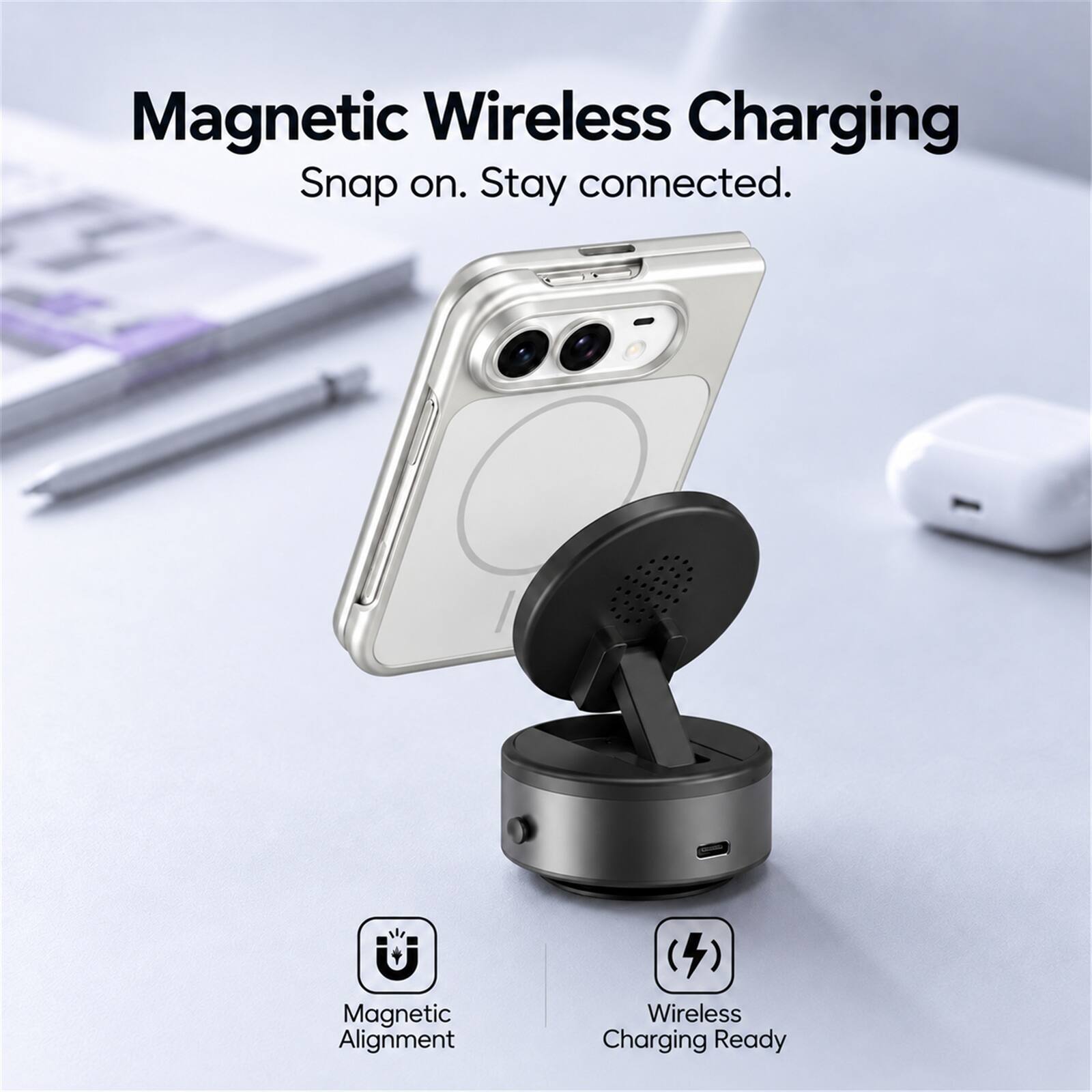 Magnetic Wireless Charging  
Snap on. Stay connected.  

Magnetic Alignment  
Wireless Charging Ready