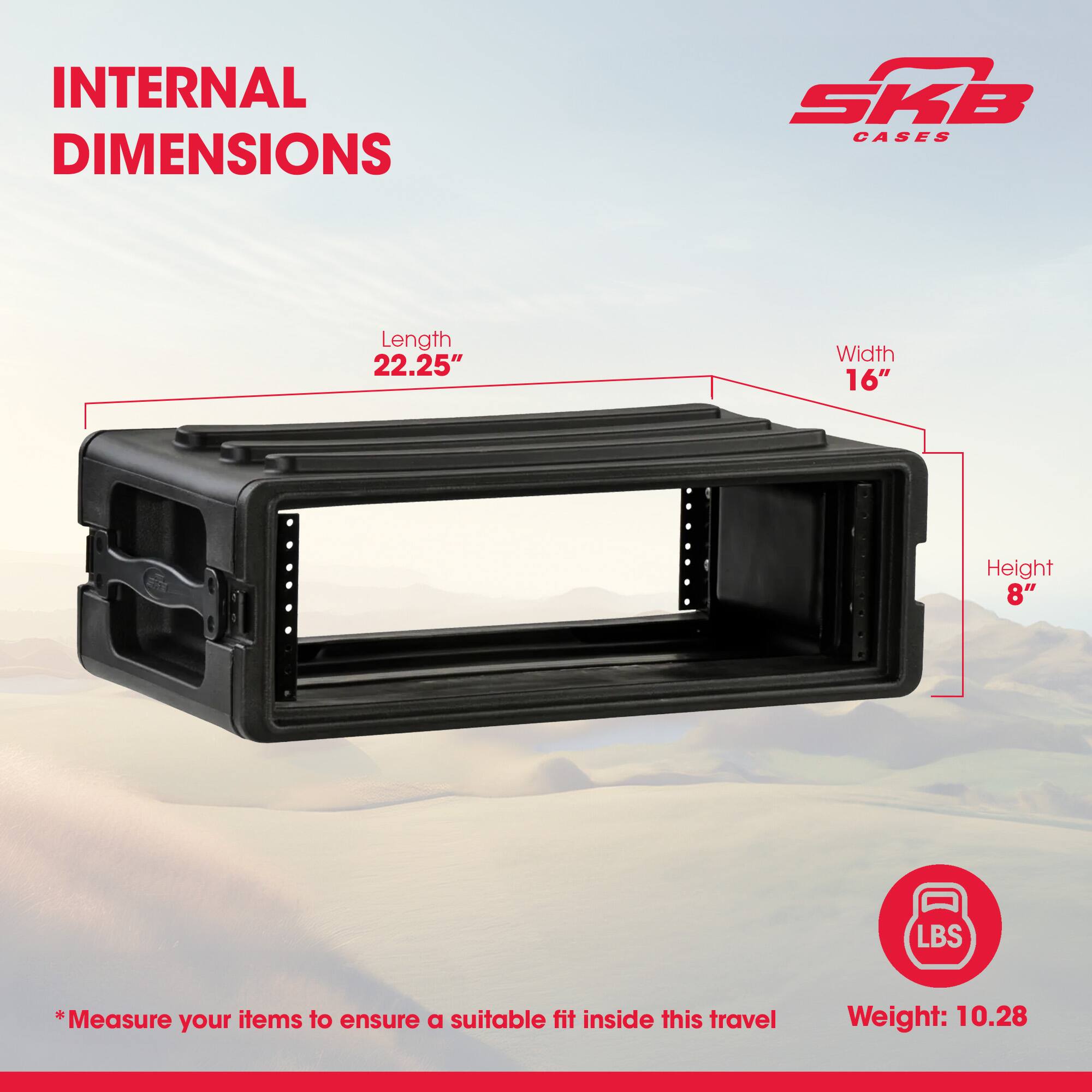 INTERNAL DIMENSIONS

Length 22.25"  
Width 16"  
Height 8"

*Measure your items to ensure a suitable fit inside this travel

Weight: 10.28 LBS