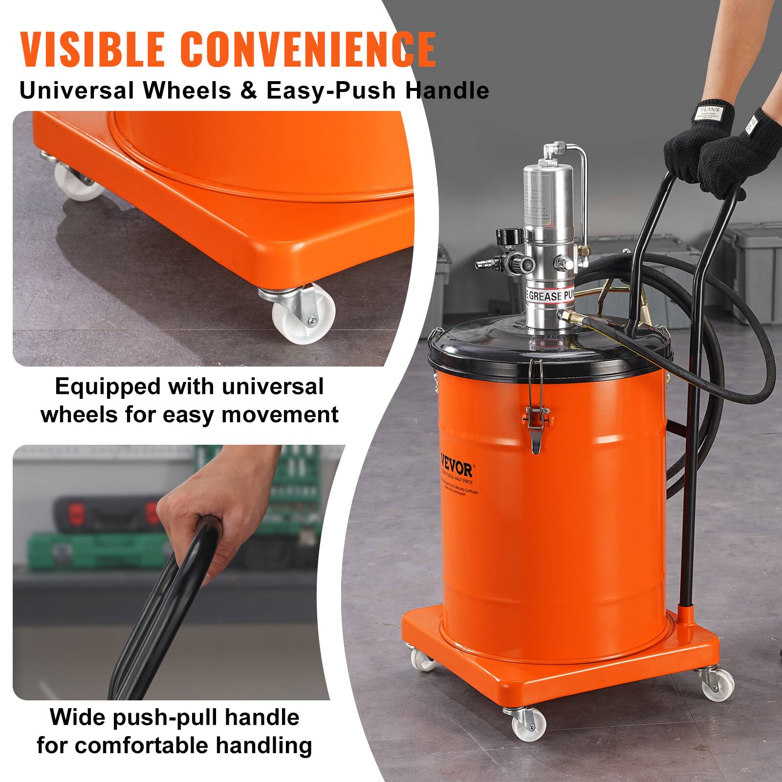 VISIBLE CONVENIENCE  
Universal Wheels & Easy-Push Handle  

Equipped with universal wheels for easy movement  

Wide push-pull handle for comfortable handling