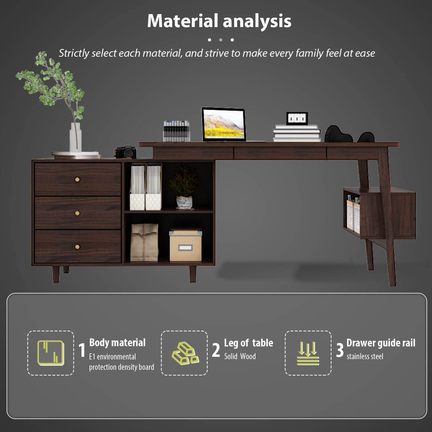 Material analysis

Body material
1 E1 environmental protection density board

Leg of table
2 Solid Wood

Drawer guide rail
3 stainless steel

Strictly select each material, and strive to make every family feel at ease
