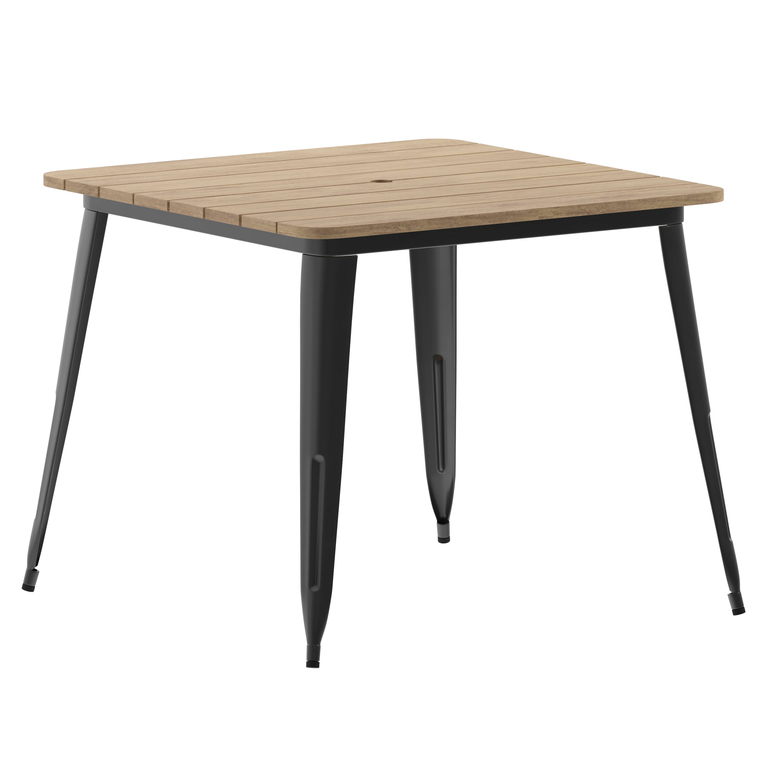 Alt View 1. Emma + Oliver - Drew Indoor/Outdoor Dining Table with Umbrella Hole, 36" Square All Weather Poly Resin Top and Steel Base - Brown Top/Black Frame.
