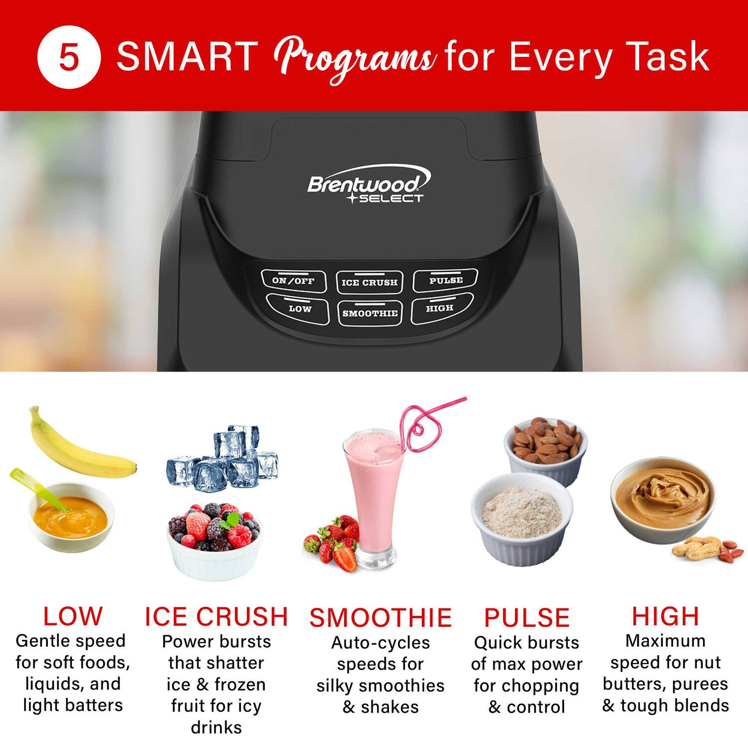 5 SMART Programs for Every Task

- LOW: Gentle speed for soft foods, liquids, and light batters
- ICE CRUSH: Power bursts that shatter ice & frozen fruit for icy drinks
- SMOOTHIE: Auto-cycles speeds for silky smoothies & shakes
- PULSE: Quick bursts of max power for chopping & control
- HIGH: Maximum speed for nut butters, purees & tough blends