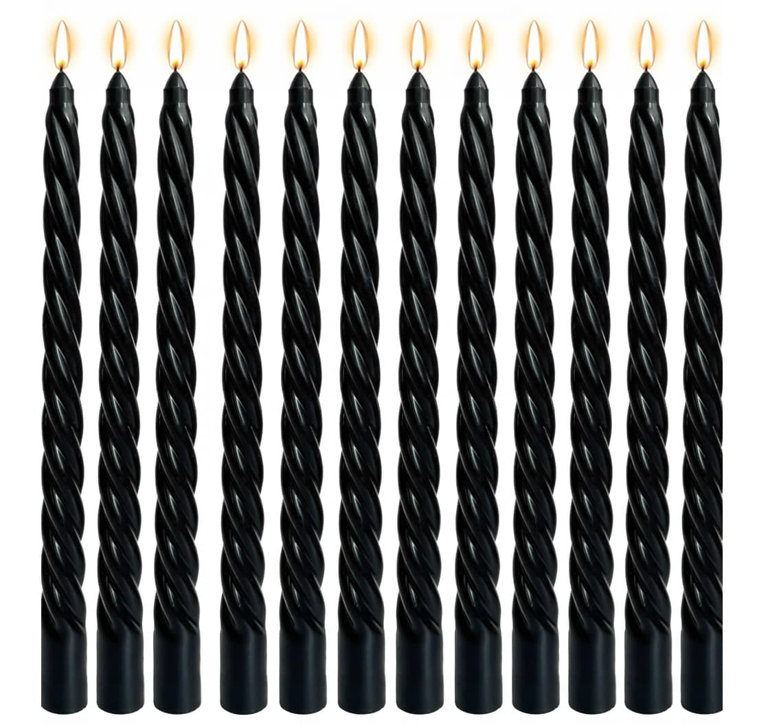 Front. FINEAK - 12 Pack 10-Inch Black Twisted Spiral Taper Candles - Black.