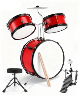 Sugift - 3-Piece Kids Drum Set with Adjustable Stool, Bass Pedal & Cymbal – Realistic Junior Drum Kit for Ages 3+ - Red