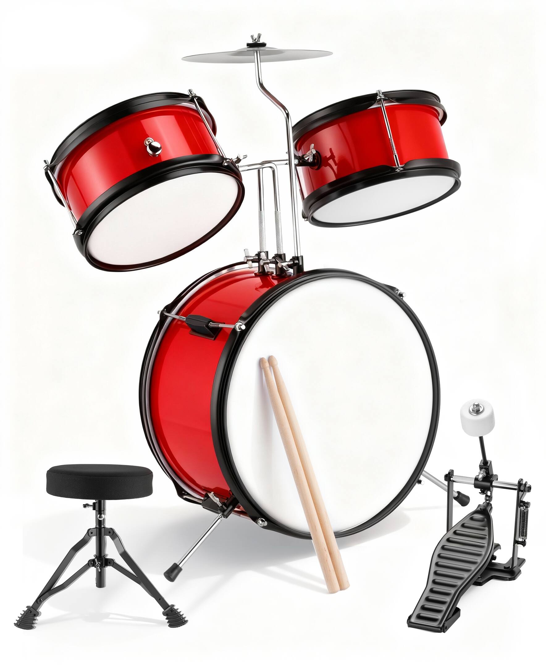 Front. Sugift - 3-Piece Kids Drum Set with Adjustable Stool, Bass Pedal & Cymbal – Realistic Junior Drum Kit for Ages 3+ - Red.