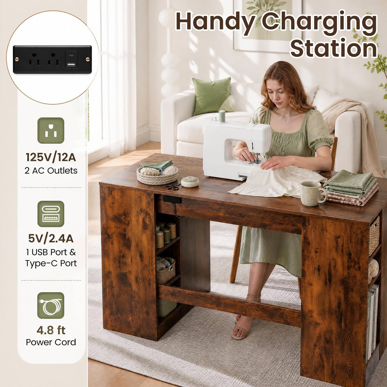Handy Charging Station

125V/12A 2 AC Outlets

5V/2.4A 1 USB Port & Type-C Port

4.8 ft Power Cord