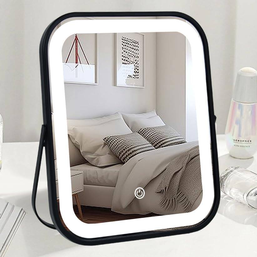 Stamp n Camp - Lighted Makeup Mirror, Rechargeable Vanity Mirror with Lights 10''x8'' Lights,Light up Touch Screen 3-Color Women - Black-10"L x 8"W