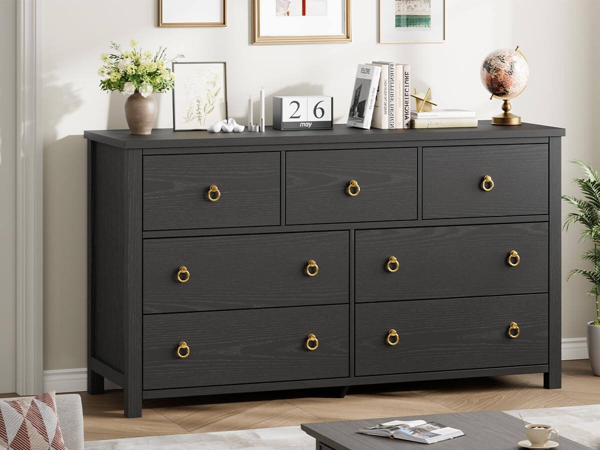 Jojoka - 7 Drawer Dresser for Bedroom, 54 in Wide Dresser, Chest of Drawers, Wooden Dressers Chest with Clothes Storage Cabinet - Black