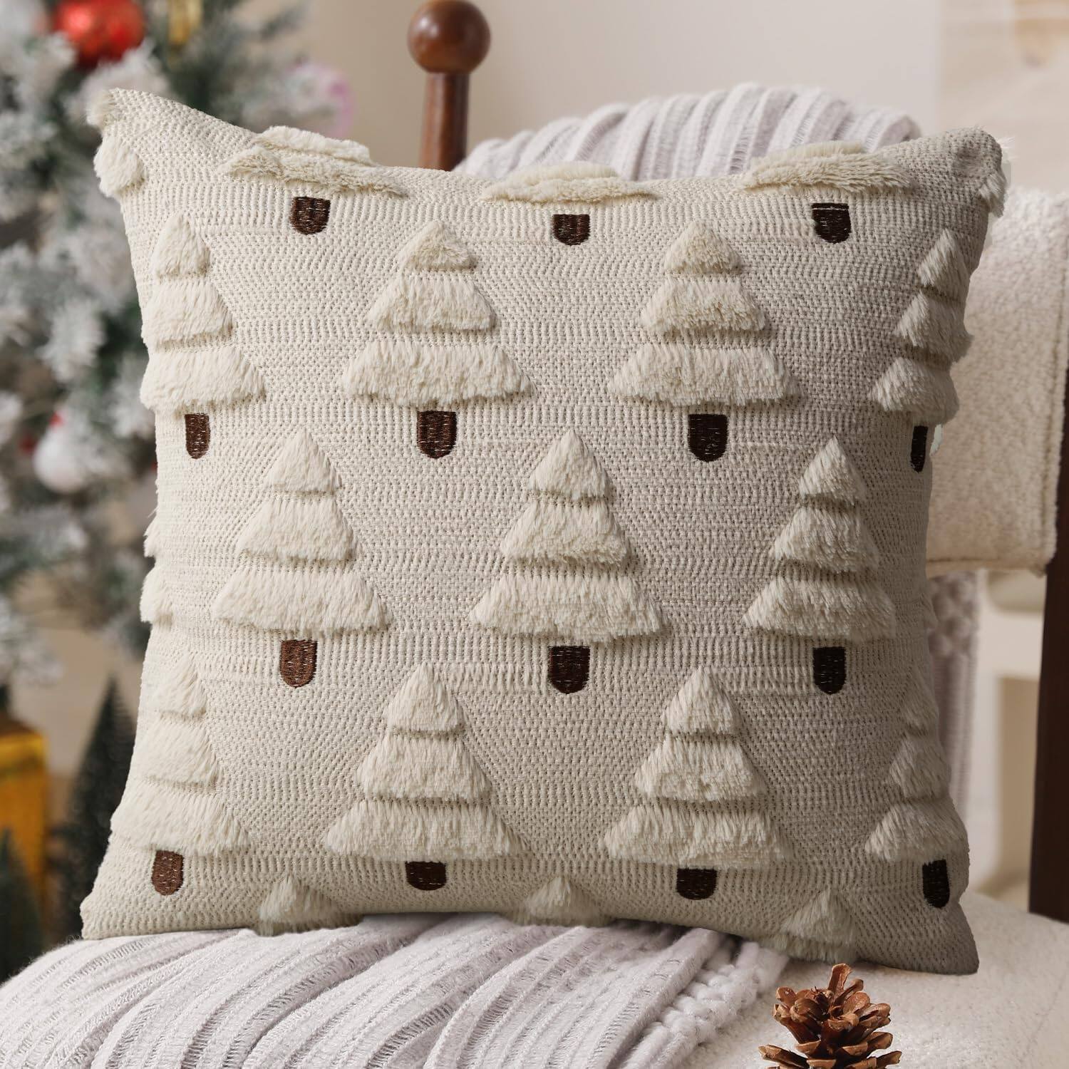 Front. Auledio - 1Pc Christmas Throw Pillow Covers 18x18 Inch Soft Plush Faux Wool Christmas Tree Pillow Cases,Christmas Home Decor - Beige.