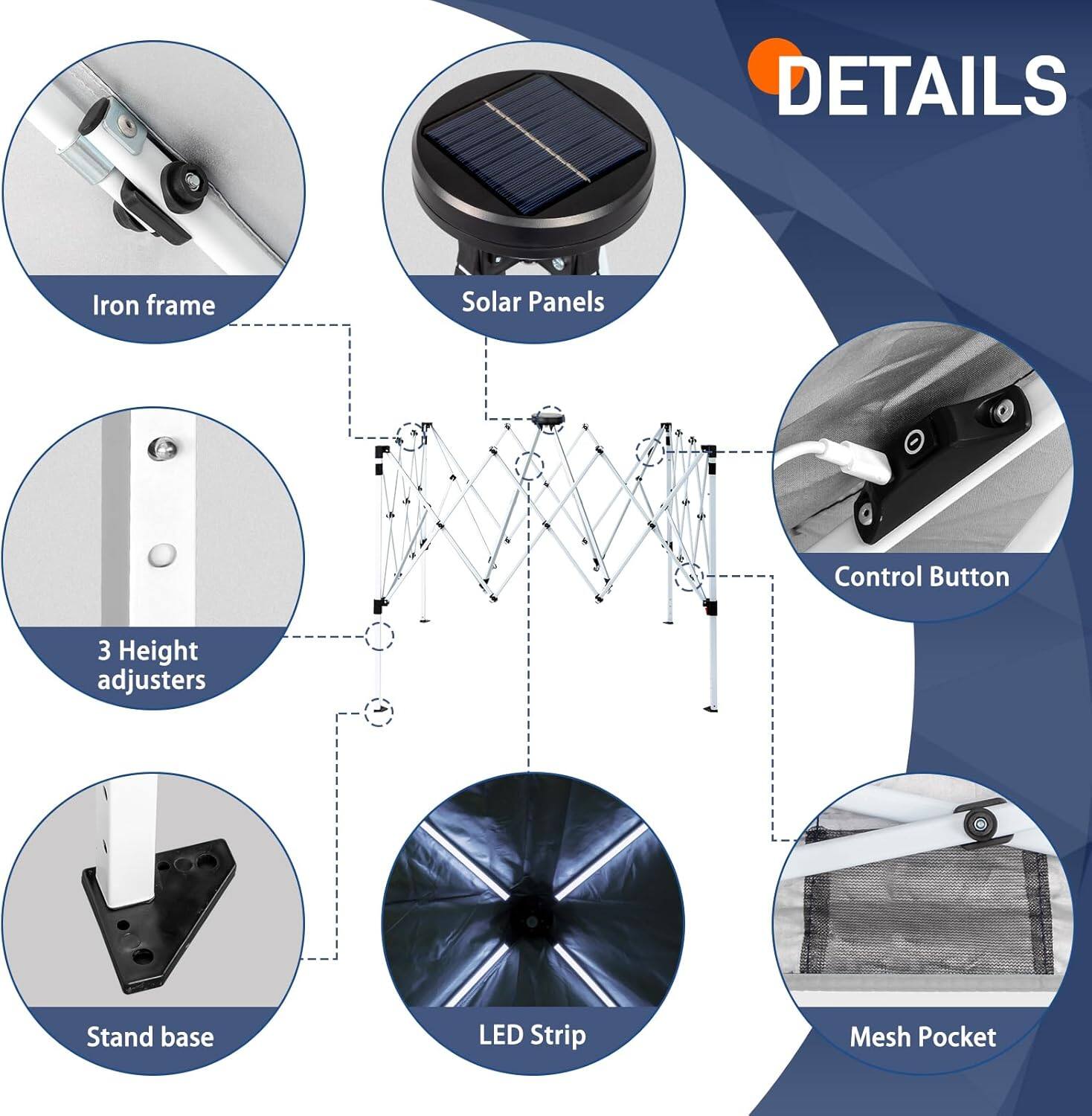 DETAILS  
- Iron frame  
- Solar Panels  
- Control Button  
- 3 Height adjusters  
- Stand base  
- LED Strip  
- Mesh Pocket