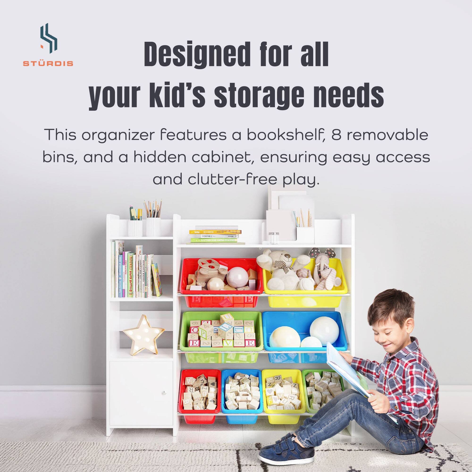STRDIS Designed for all your kid's storage needs This organizer features a bookshelf, 8 removable bins, and a hidden cabinet, ensuring easy access and clutter-free play.